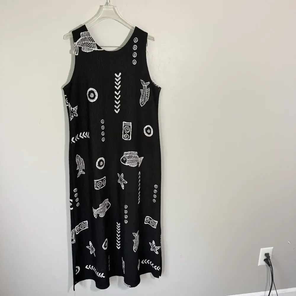 Vintage Gauze Maxi Dress Women Size M Black Fish Print Sleeveless Beach Vacation - Picture 3 of 3